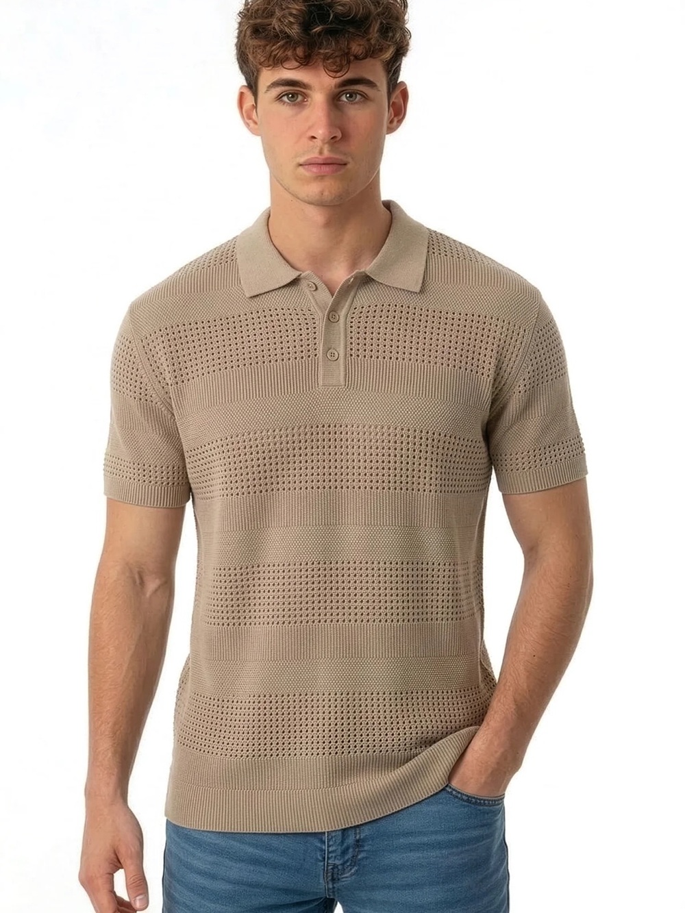 Le 30 Simons 100% cotton Men's Short-Sleeve Knit Polo Shirt - Beige - Picture 2 of 6
